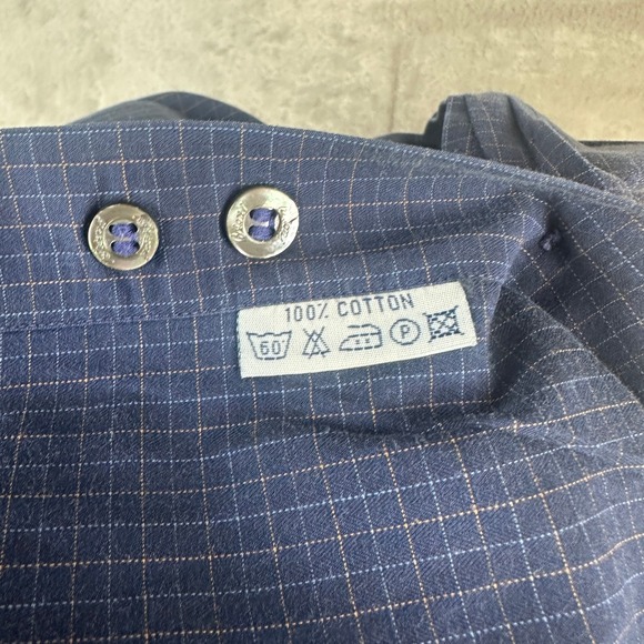 Brioni For Neiman Marcus Mens Navy Blue Check Dress Shirt Italy Cotton Medium - Picture 5 of 9